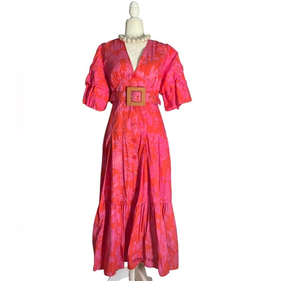 Savida Midi Dress NWT Red Pink Floral Puff Sleeve Belted Midi Tiered Ruffle - Picture 5 of 13